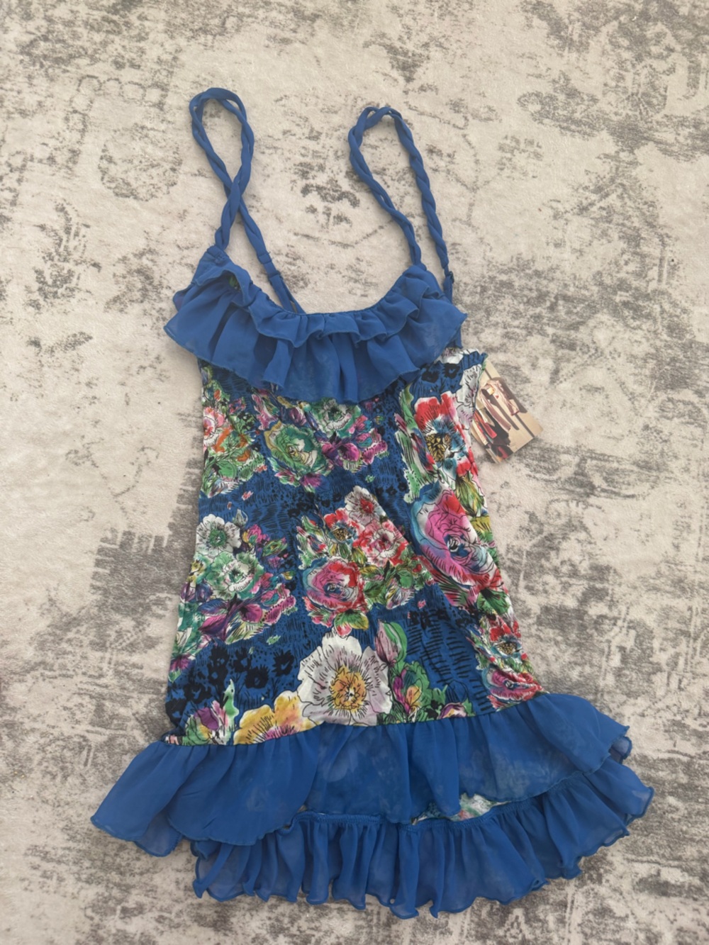 Urban Outfitters Blue Floral Ruffle Tank Top, Hawaiian- Size XS